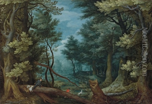 A Forest Landscape With Hunters Giving Chase To A Stag Oil Painting - Jan Brueghel the Elder