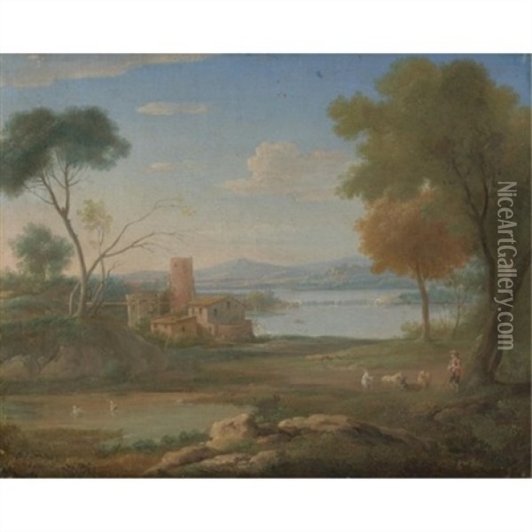 An Italianate River Landscape With A Herdsman Oil Painting - Hendrick Frans van Lint