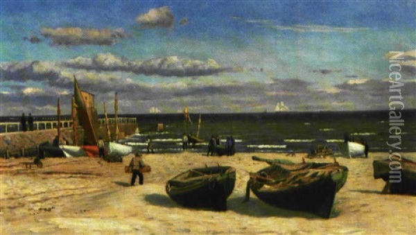 Fiskerne Lander Deres Fangst Pa Stranden En Sommerdag Oil Painting - Christian Blache