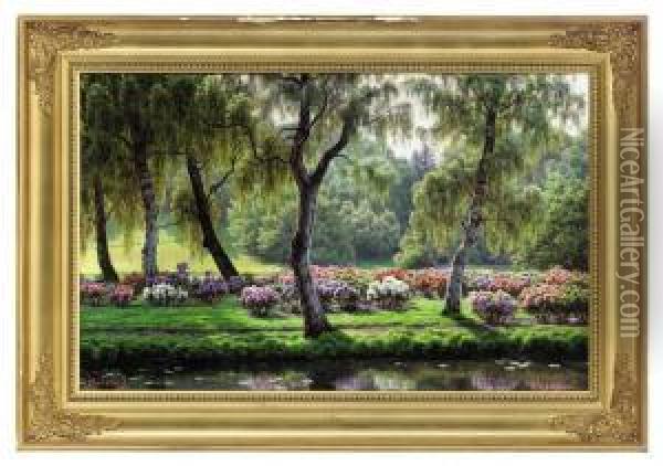 Hydrangeas Along A Riverbank Oil Painting - Henrik Gamst Jespersen