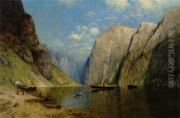 Dampskibe Og Robade Pa En Norsk Fjord Oil Painting - Fritz Grebe