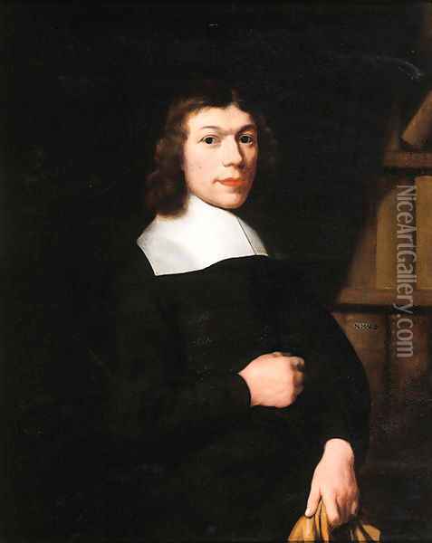 Portrait of a young man, standing three quarter length by a bookcase, wearing dark costume and a lace collar, holding gloves Oil Painting - Nicolaes Maes