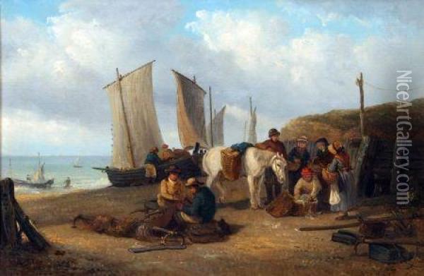 Boats And Fisherfolk At Southwold Oil Painting - Thomas Smythe