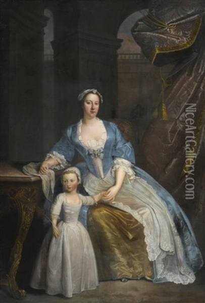 Portrait Of Elizabeth Beckford, Full-length, Seated In A Loggia With Her Son Peter Oil Painting - William Verelst
