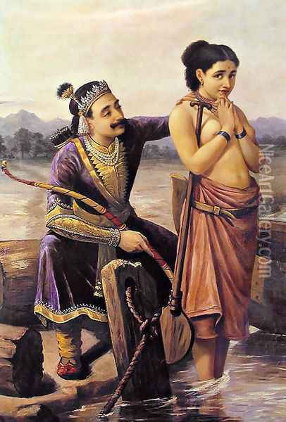 Santhanu and Matsyagandhi Oil Painting - Raja Ravi Varma