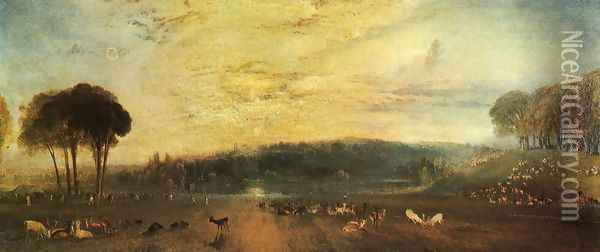 The Lake, Petworth: sunset, fighting bucks Oil Painting - Joseph Mallord William Turner