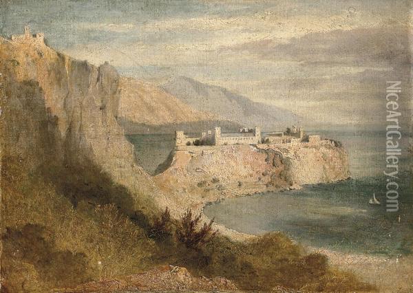 The Grimaldi Palace, The Rocher De Monaco Oil Painting - William Linton