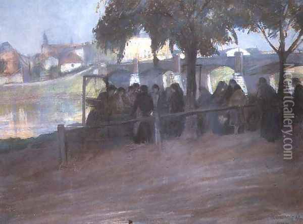 Fish Market near the Podgorski Bridge in Cracow Oil Painting - Artur Markowicz