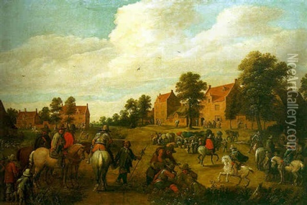 A Military Encampment By A Village Oil Painting - Pieter Meulener