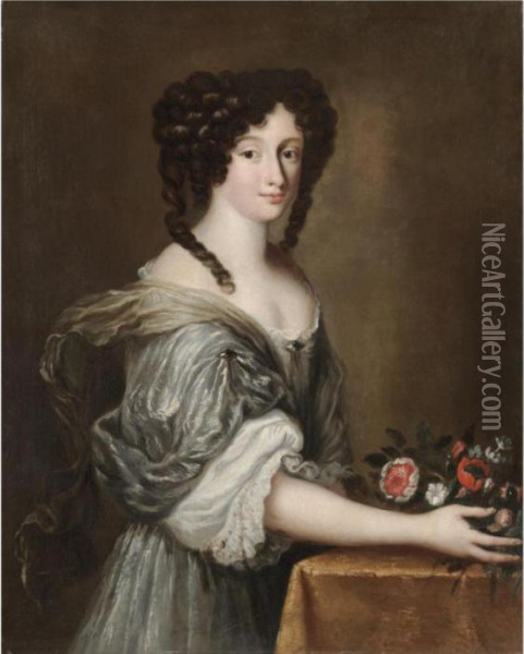 Portrait Of A Lady, Half Length,
 Wearing A White Silk Dress And Holding A Bouquet Of Flowers Oil Painting - Jacob Ferdinand Voet