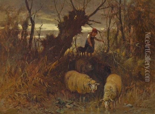Hirtenmadchen Mit Schafen Oil Painting - Otto Friedrich Gebler