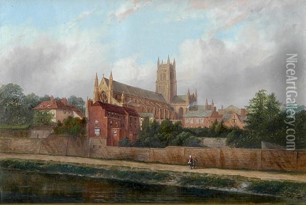 Hereford Cathedral With Figures By The River Oil Painting - M.M. Jacobi