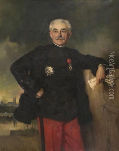 Portrait Du General Bizot Devant Une Ville Oil Painting - Francois Flameng