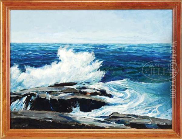 Coastal Scene Shows Wavescrashing Onto Coastal Rock Ledge Under A Light Blue Sky Oil Painting - Frederick Judd Waugh