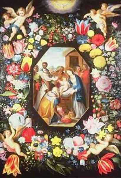 Adoration of the Magi Surrounded by a Garland of Flowers Oil Painting - Frans the younger Francken