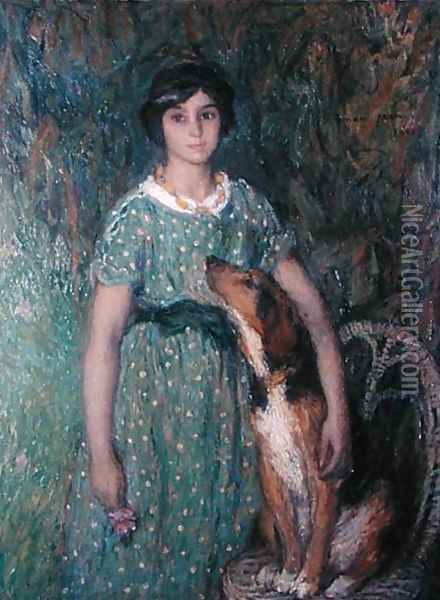 Young girl with a dog, 1913 Oil Painting - Edmond-Francois Aman-Jean