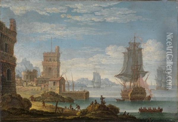 Eine Mediterrane Kustenlandschaft Mit Vor Anker Liegenden Kriegsschiffen Oil Painting - Jan van Bunnick