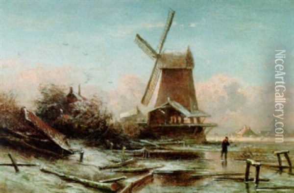 A Winter Landscape With A Windmill Oil Painting - Pieter Lodewijk Francisco Kluyver