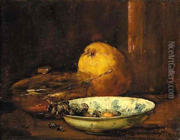 A bowl of raisins, a pear and a covered bowl Oil Painting - Antoine Vollon