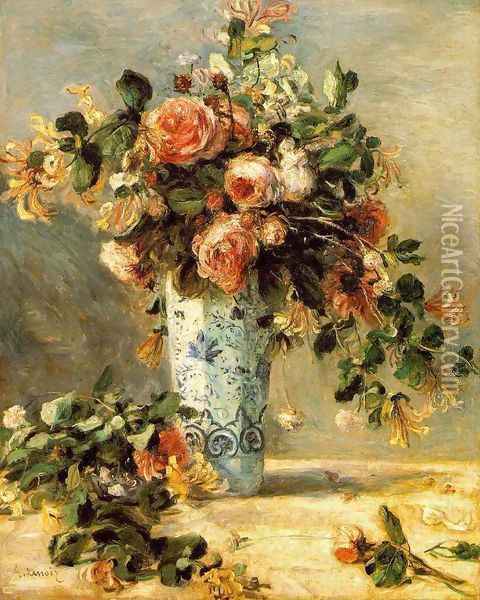 Roses And Jasmine In A Delft Vase Oil Painting - Pierre Auguste Renoir