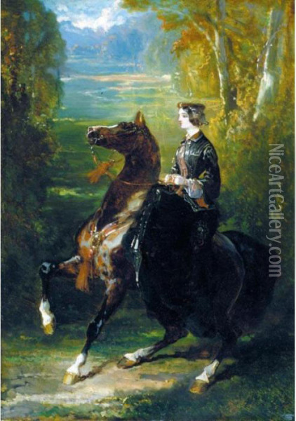 La Chtelaine A Cheval Oil Painting - Alfred De Dreux