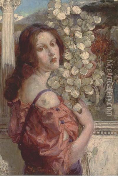 A Young Beauty Holding Honesty Oil Painting - May Louise Greville Cooksey