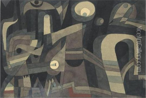 Nachts (grun/indischrot, Duster) At Night (green-indian Red, Gloomy) Oil Painting - Paul Klee