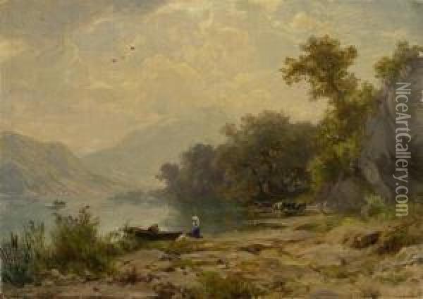 Landscape With Lake And Boat Oil Painting - Robert Zund