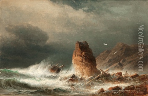 Dramatic Shipwreck Oil Painting - Franz Johann (Wilhelm) Huenten