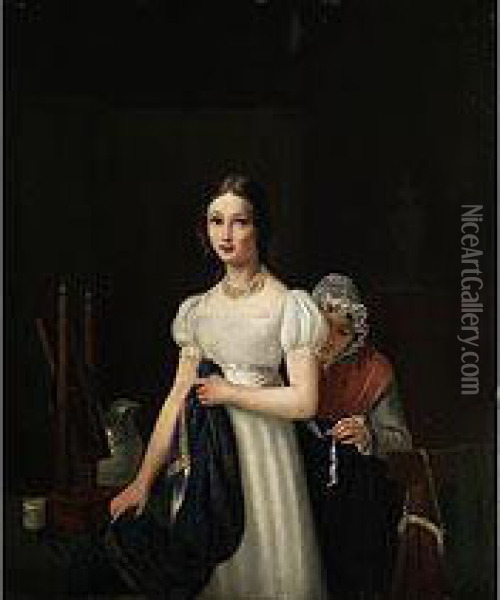Junges Madchen In Weissem Kleid Beim Ankleiden Oil Painting - Cornelis Van Den Gaal