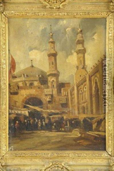 Un Souk Pres De La Mosquee Al Hassan. Oil Painting - Adrien Dauzats