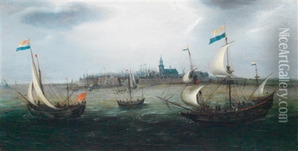 Schiffe Mit Der Flagge Der Generalstaaten Auf Bewegter See Vor Einer Hafenstadt Oil Painting - Hendrik Cornelisz Vroom