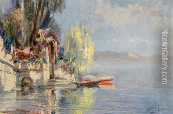 L'approdo Fiorito Sul Lago Oil Painting - Giuseppe Solenghi