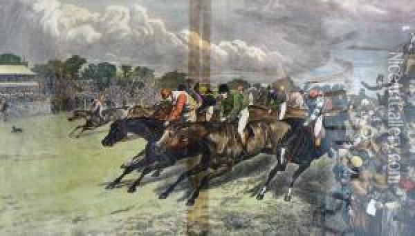 The Derby At The Starting Post Rounding Tattenham Corner Oil Painting - Basil Bradley