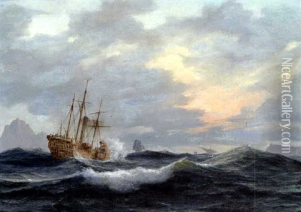 Tremaster Pa Havet Ud For En Klippekyst, Antagelig Gibraltar Oil Painting - Daniel Hermann Anton Melbye