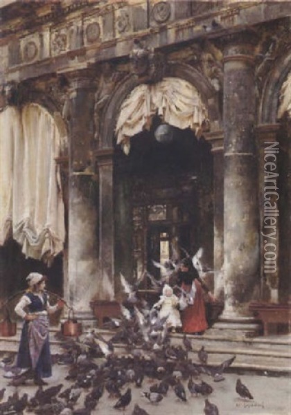 Feeding The Birds Outside Florian's, St. Mark's Square, Venice Oil Painting - William Logsdail