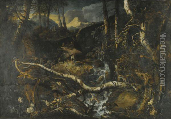 A Rocky Mountainous Landscape With A Torrent, Fishermen On Therocks, A Fallen Birch And Two Foxes Oil Painting - Anton Faistenberger