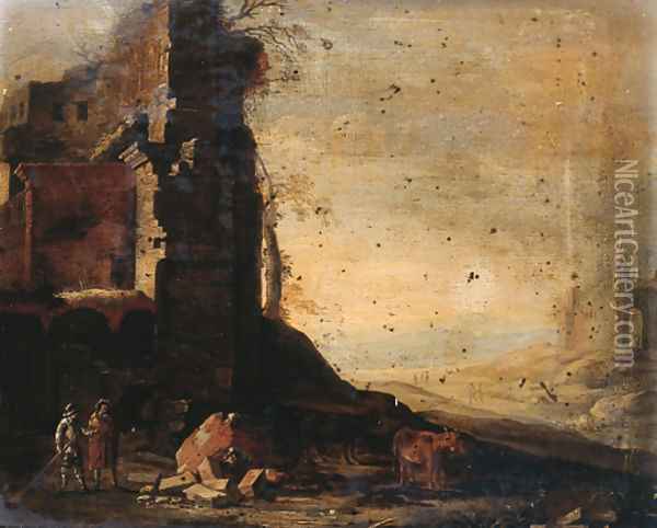 Travellers by classical ruins in an Italianate landscape Oil Painting - Dirck Verhaert