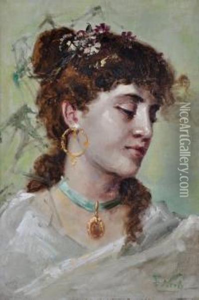 demure Young Woman With Golden Locket Oil Painting - Girolamo Pieri B. Nerli