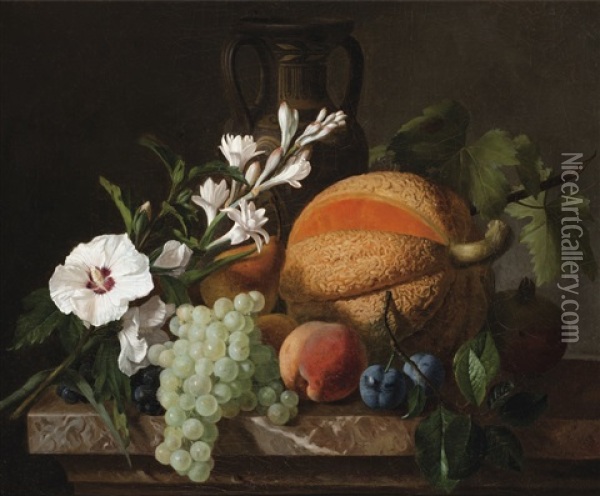 Nature Morte Au Melon, Raisins Et Fleurs Oil Painting - Antoine Berjon