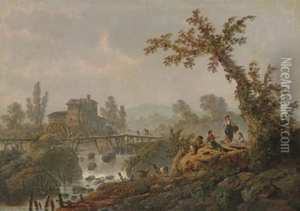 Shepherds Resting On A Bluff, A Mill And A Village Beyond Oil Painting - Jean Baptiste Pillement