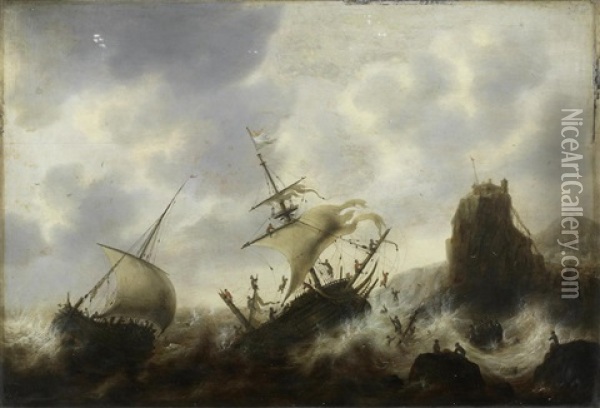Ships Foundering In Rough Seas Off A Rocky Coastline Oil Painting - Jacob Adriaenz. Bellevois