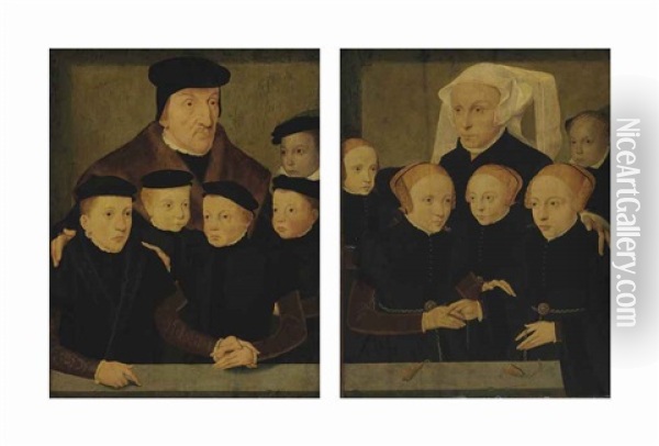 Father And Sons; Mother And Daughters (pair) Oil Painting - Bartholomaeus (Barthel) Bruyn the Younger