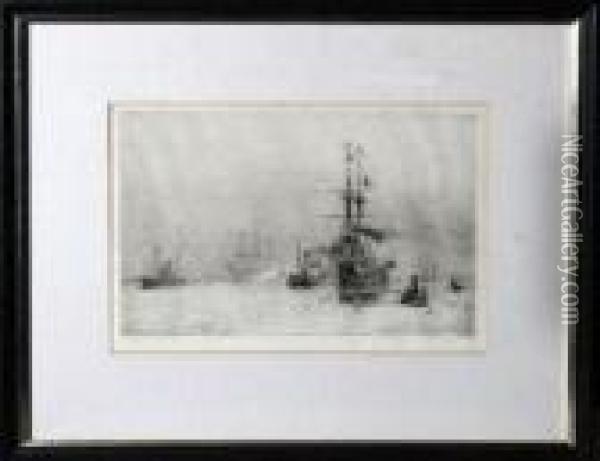 A Warship Entering Portsmouth Harbour Oil Painting - William Lionel Wyllie