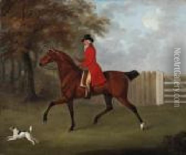 James Drake-brockman, Of 
Beachborough, Kent, On A Bay Hunter, Witha Terrier, In A Wooded 
Landscape Oil Painting - John Nost Sartorius