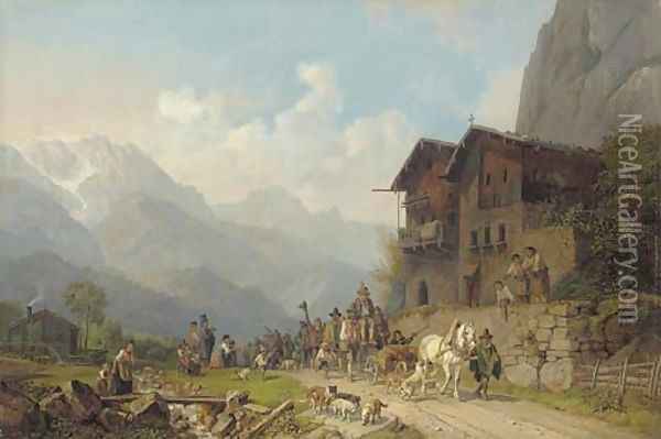The Return from the Successful Bear Hunt Oil Painting - Heinrich Butrkel