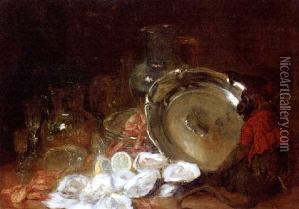 A Monkey Sitting By A Salver, Oysters And Shrimps, A Lemon, Various Glass Vessels And Plates On A Table Oil Painting - Charles Monginot
