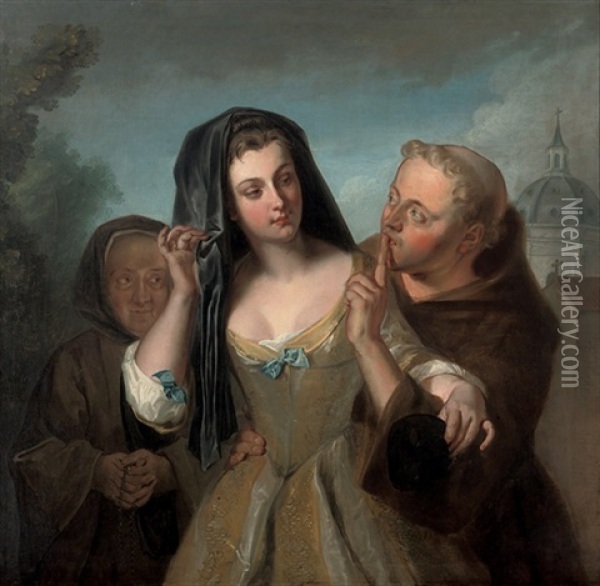 The Secret - A Young Woman, Accompanied By Her Duenna, With A Monk Oil Painting - Philip Mercier