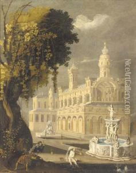 Suzanna And The Elders Before An
 Architectural Capriccio Of A Palace And An Ornamental Fountain Oil Painting - Lodovico Pozzoserrato (see Toeput, Lodewijk)