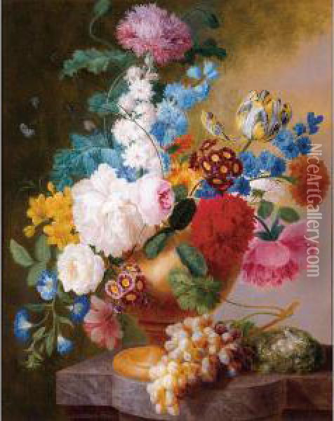 Still Life Of Tulips, Roses, Peonies, Narcissus, And Other Flowers In A Urn Oil Painting - Pieter Faes